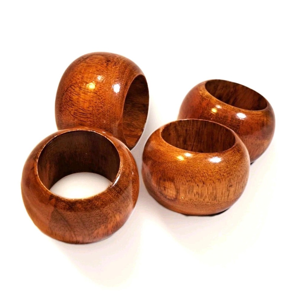 Vintage Mid Century Modern Polished Wood Napkin Rings Set of 4 Brown Round MCM